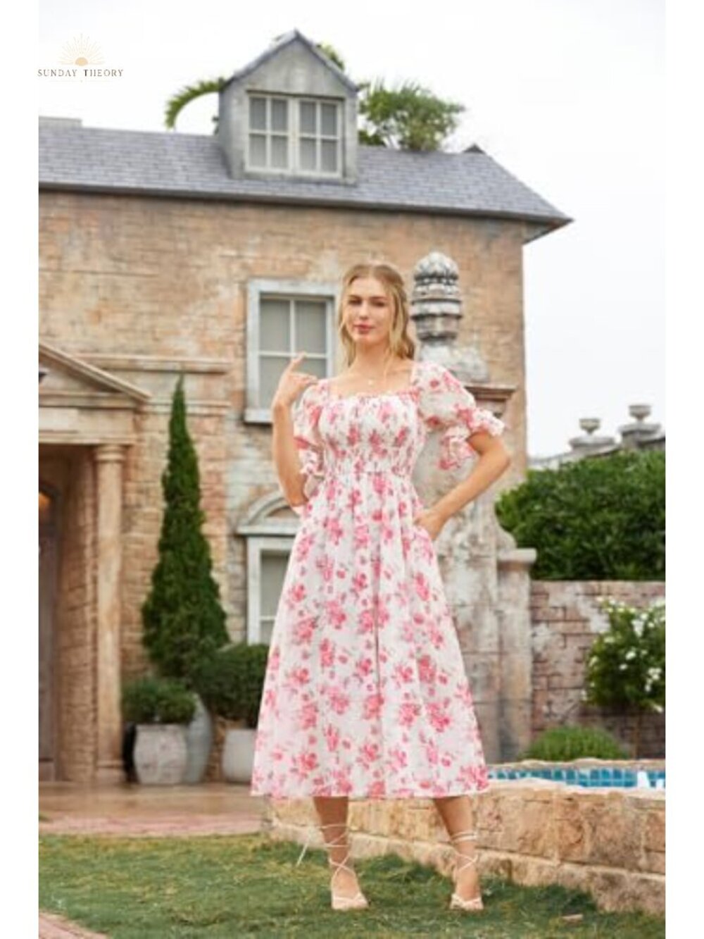 Cottagecore Floral Midi Dress Smocked Bodice Ruffled Sleeve A-Line
